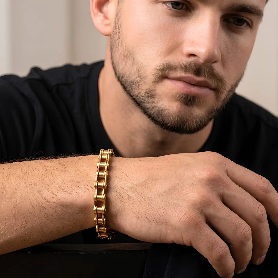 Bicycle Motorcycle Chain Bracelet – 21cm 12mm Industrial Roller Chain Link Bracelet in Gold & Silver for Men